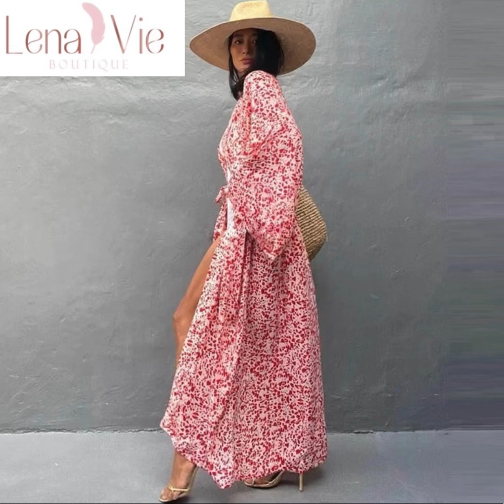 Palie Pink Leopard Long Cotton Kimono Duster, Leopard Beach Maxi Coverup, S-3X - Picture 8 of 10